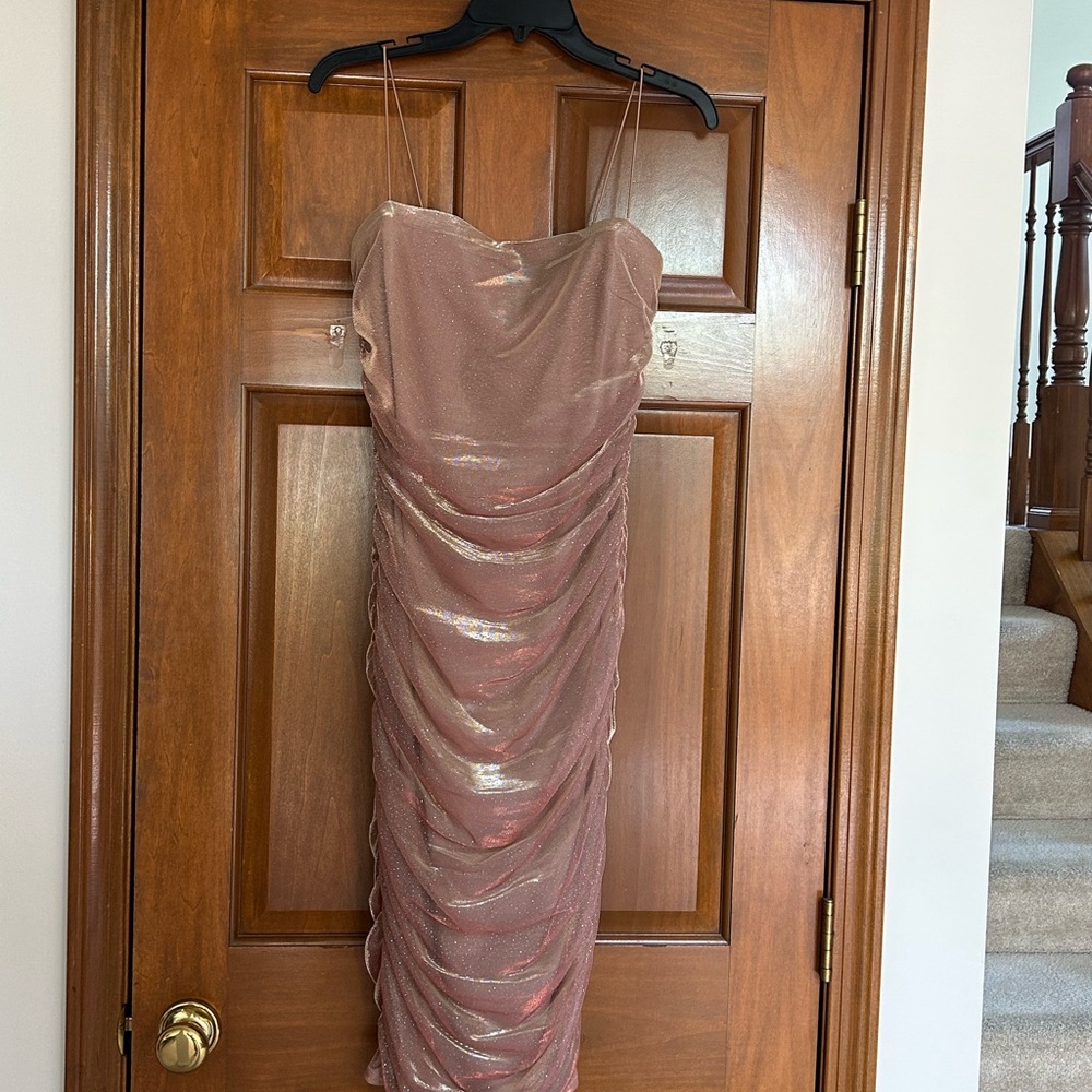 B Darlin Gold Ruched Asymmetrical Sheath Dress